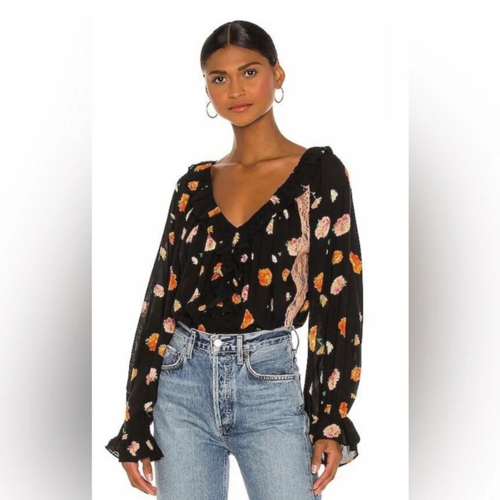 Free People |‎ Poppy Print Bodysuit | Black | Women’s Size Small